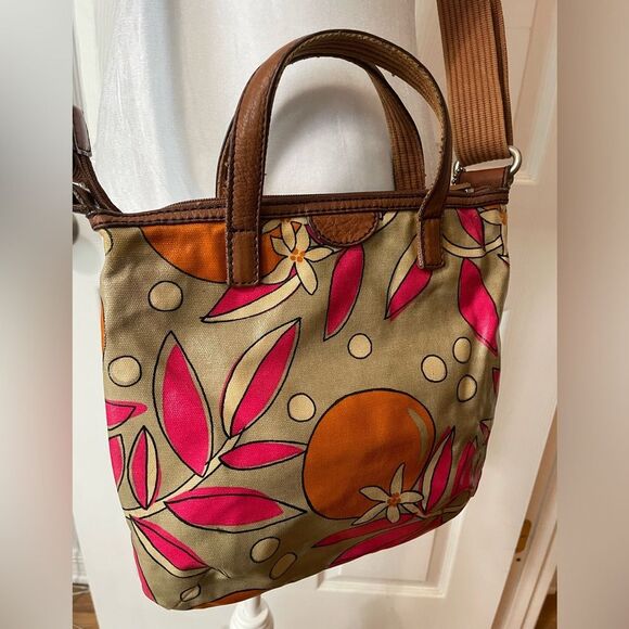 Fossil Keyper Tan Pink Orange Floral PVC Coated Textile CrossbodyPurse W/Key Tag - Picture 7 of 12